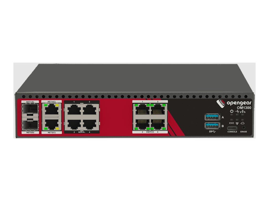 Opengear OM1304-4E Industrial Network Gateway - 4x RS232 - X1-X2 Software Selectable - 4x 1GbE Switched Ports - 2x 1GbE-SFP Combo, Black & Red
