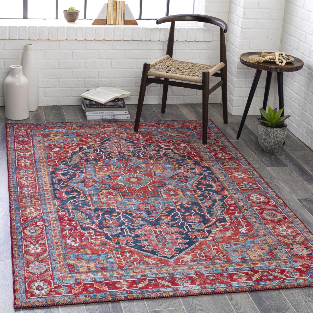 IRS2316-576 5 x 7 ft. 6 in. Iris Area Rug, Bright Red, Navy & Denim