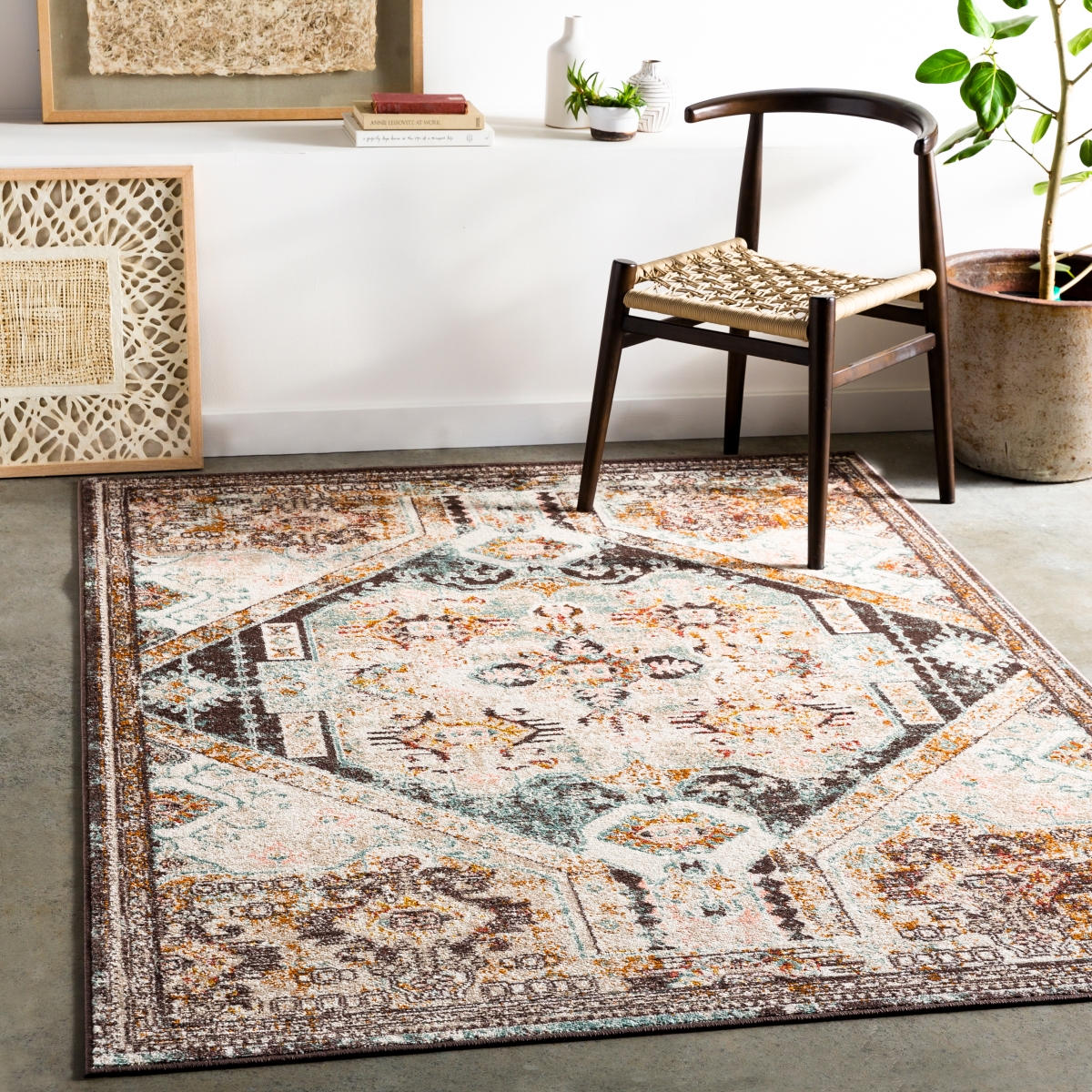 AKR2324-5373 5 ft. 2 in. x 7 ft. Ankara Indoor Medallion Global Rectangular Rug, Aqua
