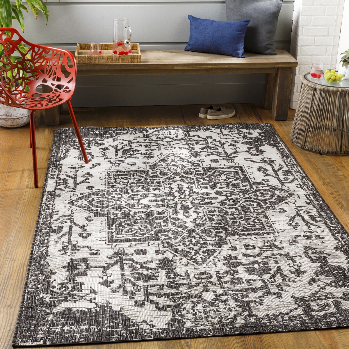EAG2379-679OV 6 ft. 7 in. x 9 ft. Eagean Machine Woven Oval Rug, Black, Charcoal & Light Beige