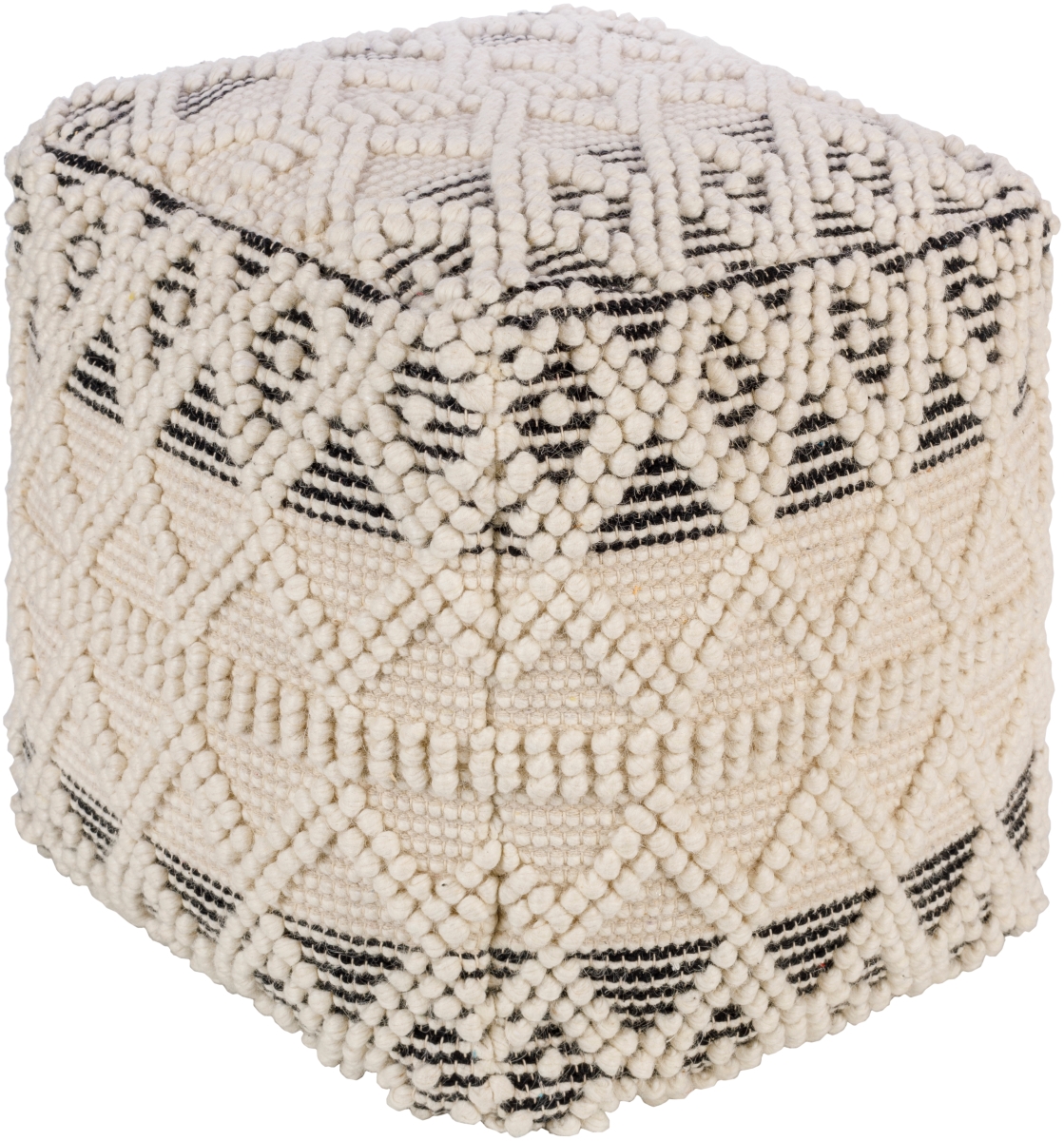 Hallie Coastal Beach Cream Cotton Black Accent Textured Square Pouf