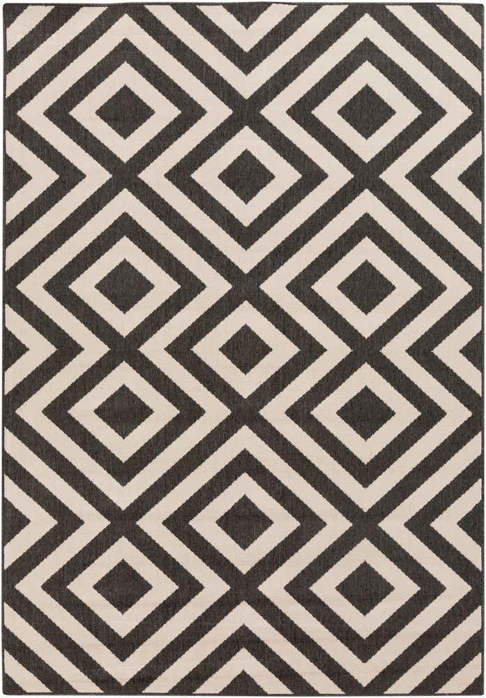 ALF9639-89RD 8 ft. 9 in. Round Alfresco Round Machine Made Geometric Area Rug, Black & Cream -  Livabliss