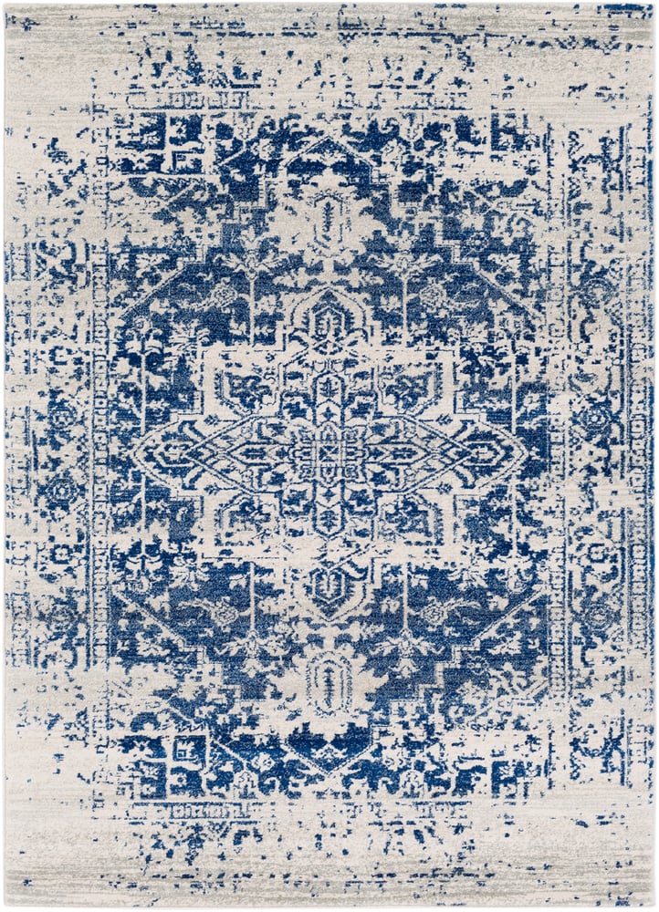 HAP1021-27103 2 ft. 7 in. x 10 ft. 3 in. Harput Runner Machine Made Updated Traditional Runner Rug, Dark Blue, Light Gray & Beige -  Livabliss