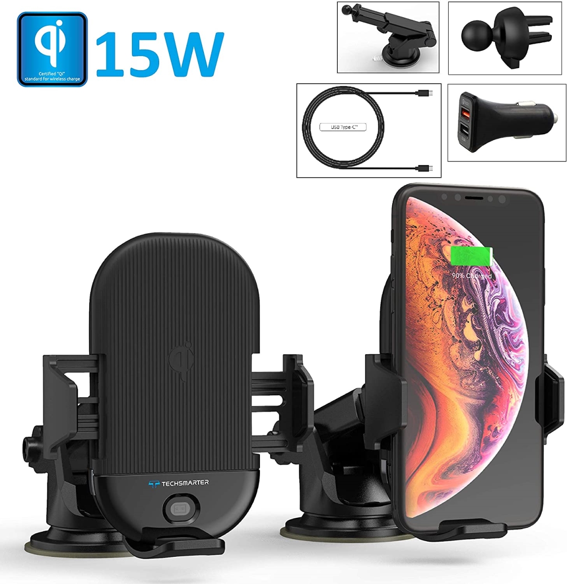 15W Qi Wireless Car Charger, Automatic Sensor Clamping Mount Holder Dashboard Air Vent -  Techsmarter, TE489563