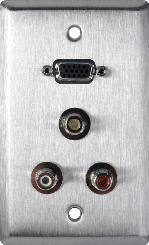 Picture of TecNec Panels & Wall Plates WPCA-1156 1 Gang Clear Anodized Plate with One 15-Pin HD Female Barrel & 3 RCA Barrels RWY