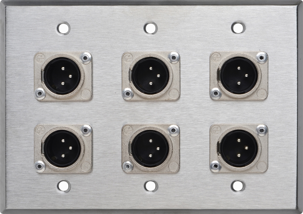 Picture of TecNec Panels & Wall Plates WPCA-3103 3-Gang Clear Anodized Wall Plate with 6 Latching Neutrik 3-Pin XLR Males