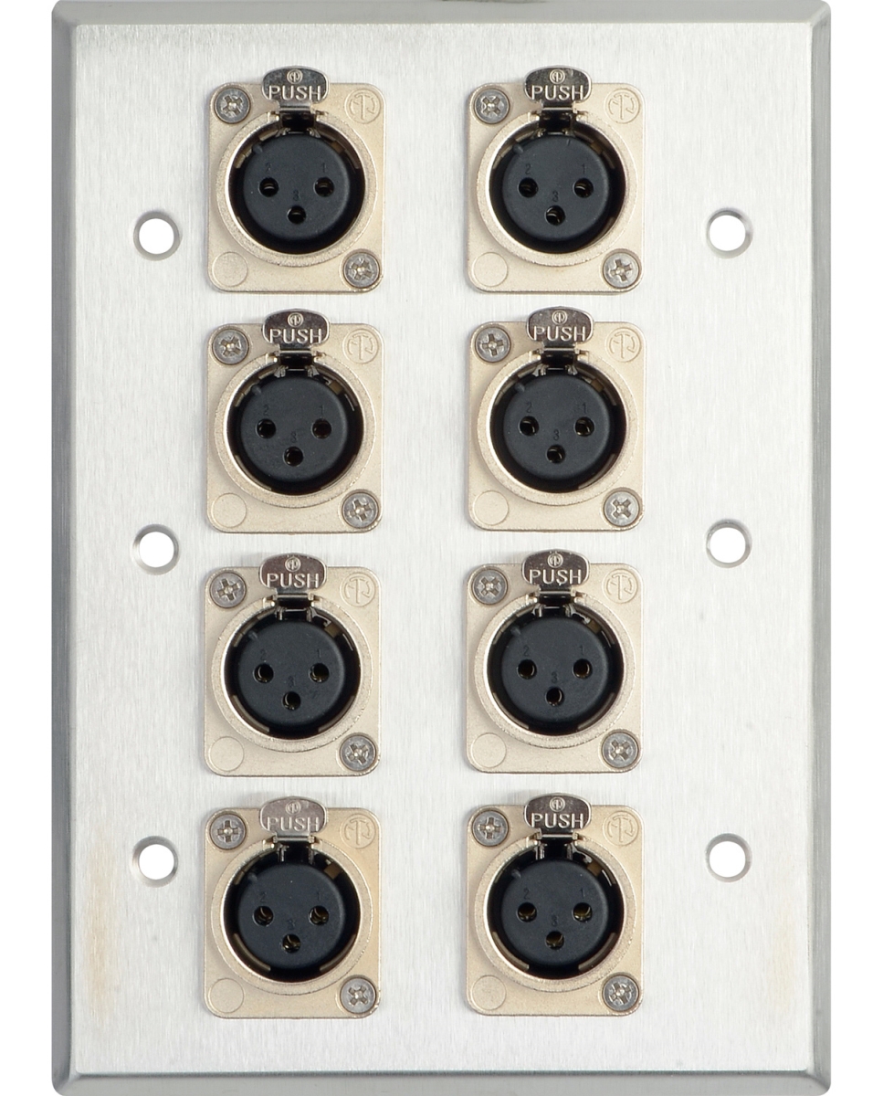 Picture of TecNec Panels & Wall Plates WPL-3108 3-Gang Stainless Steel Wall Plate with 8 NC3FD-L-1 XLR Connectors