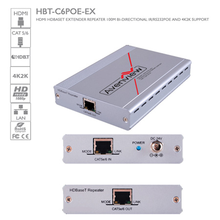 Picture of Avenview AVW-HBT-C6POE-EX 100 m HDBaseT HDMI Cat5-6-7 Repeater with POE-LAN-RS-232 Bi-Directional IR