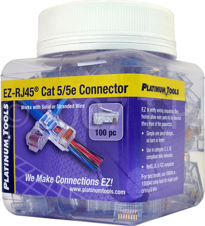 PLAT-EZ5-100J EZ-RJ45 CAT5 & 5e Connectors for Solid or Stranded Conductors - Jar of 100
