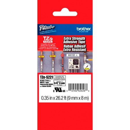 BRO-TZES221 0.35 in. x 26.2 ft. Adhesive Laminated Labeling Tape, Black on White Extra - Strength