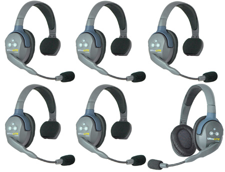 Picture of Eartec EAR-HUB651 Ultra Lite & HUB 6 Person Intercom System with 5 Single & 1 Double Headsets Powered by Li-Ion