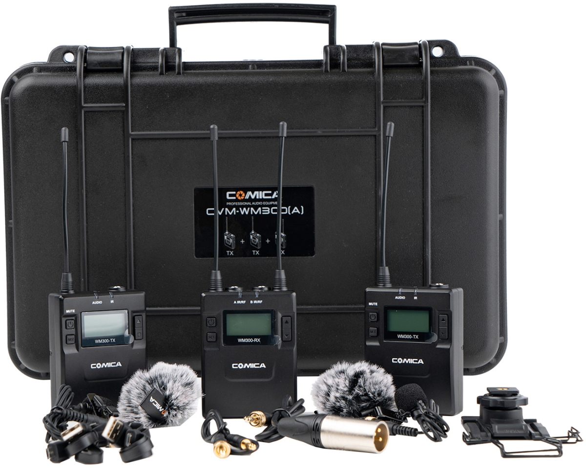 COMI-CVM-WM300A Dual-Transmitter Lavalier Mic Kit with 2 Transmitters, 1 Receiver & Hard Case & Accessories -  Comica