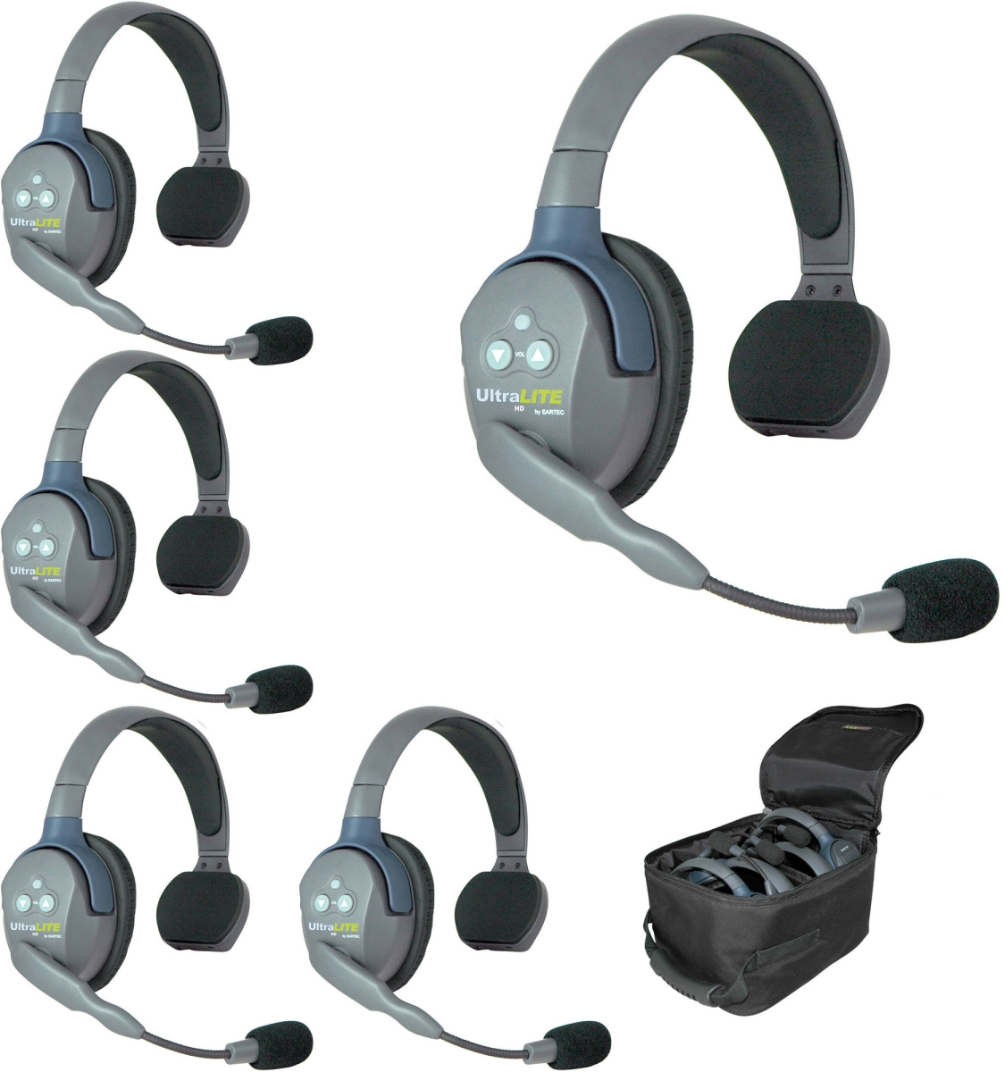 Picture of Eartec EAR-UL5S UltraLITE 5 Person System with 5 Single Headsets Batteries Charger & Case&#44; Li-Ion Batteries