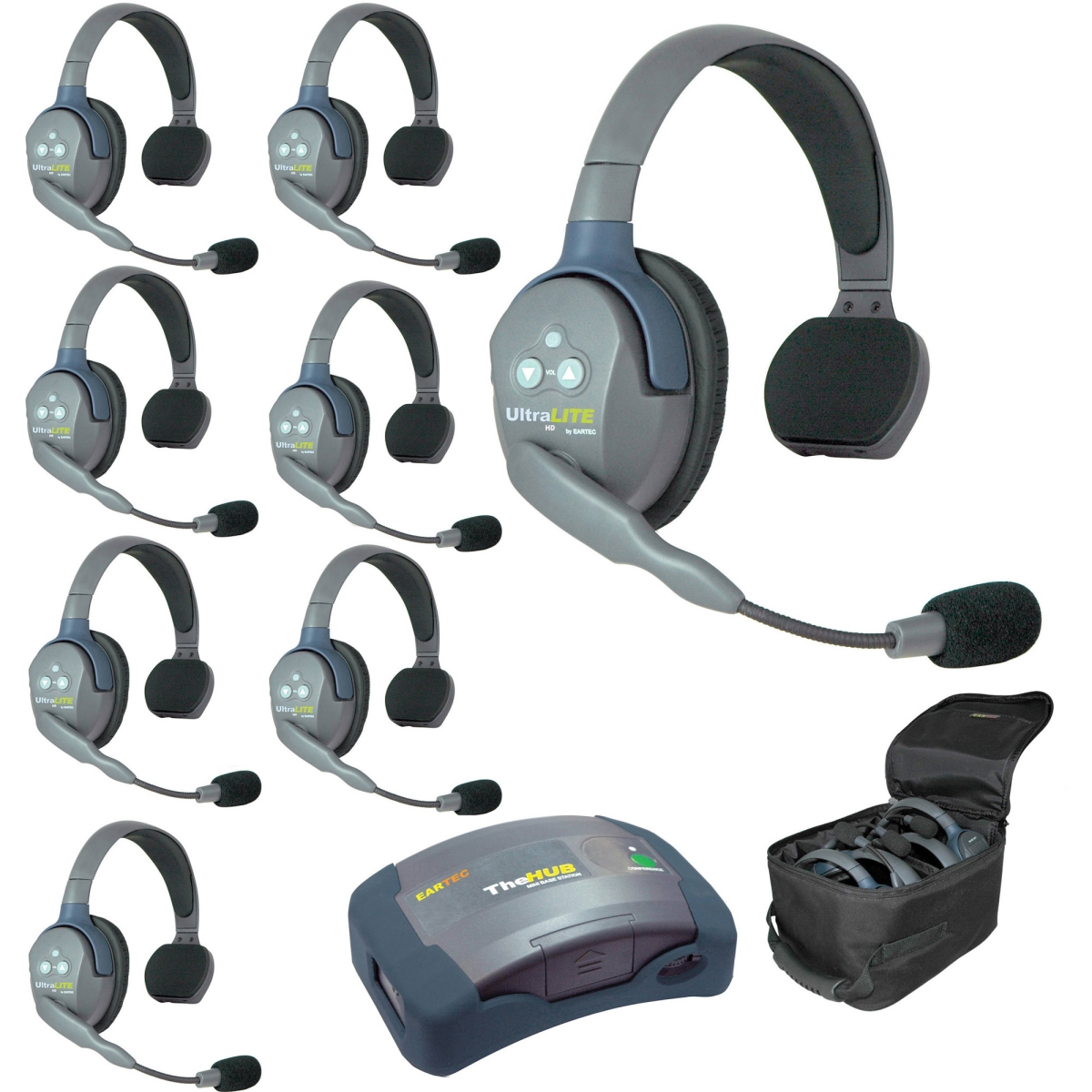 Picture of Eartec EAR-HUB-8S UltraLite & HUB 8 Person System with 8 Single Headsets&#44; Li-Ion Batteries&#44; Charger & Case