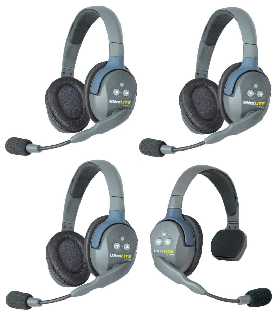 Picture of Eartec EAR-UL413 UltraLITE 4 Person Intercom System with 1 Single 3 Double Headsets & Li-Ion Batteries