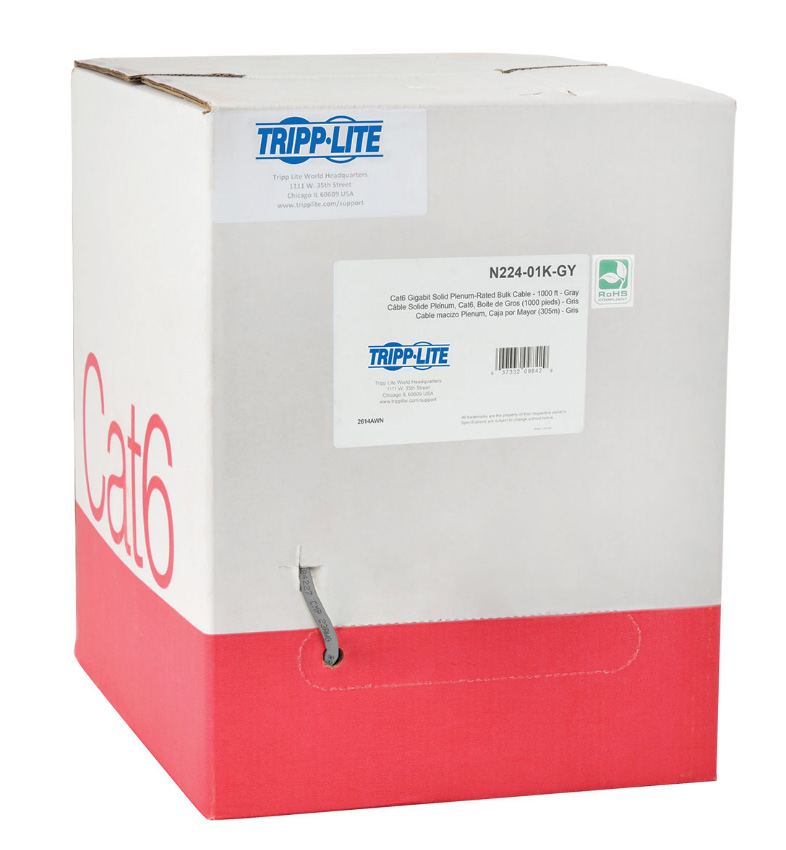 Tripp Lite TRL-N224-01K-GY Cat6 Gigabit Bulk Solid Plenum-Rated PVC Cable, Gray - 1000 ft.