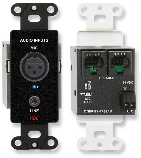 RDL-DB-TPS2AM Active Two-Pair Sender with Twisted Pair Format-A, XLR Microphone & Stereo Mini Jack - Black