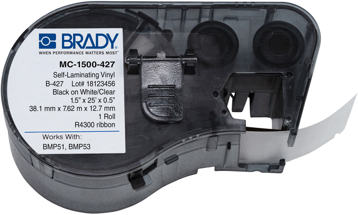 Picture of Brady ID BDY-MC-1500-427 1.50 in. x 25 ft. Roll M-Series B427 Black on White & Clear Label Maker Cartridge