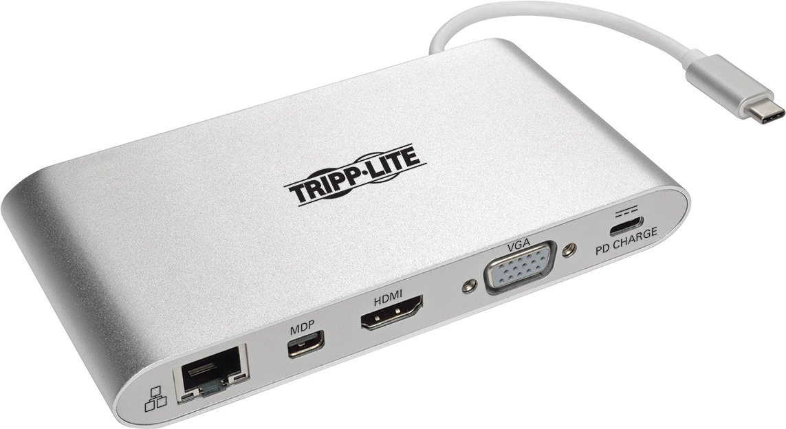 TRIPP LITE TRL-U442-DOCK1 USB-C Docking Station USB-A DVI HDMI VGA DP mDP Gbe USB Charging, Silver & White