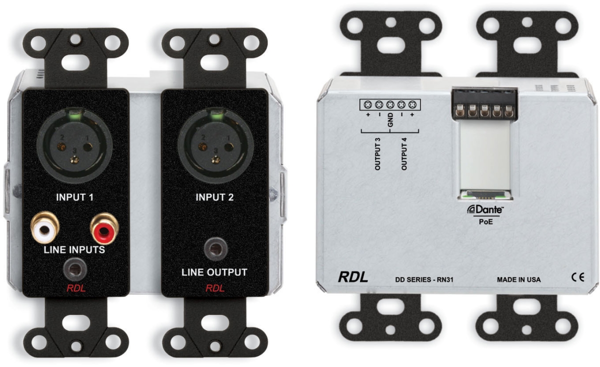 RDL-DDB-RN31 Bi-Directional Mic & Line Dante 4 x 4 Interface with PoE Switch 2 XLR, RCA & 1 Mini-Jack In Terminal Block, Black