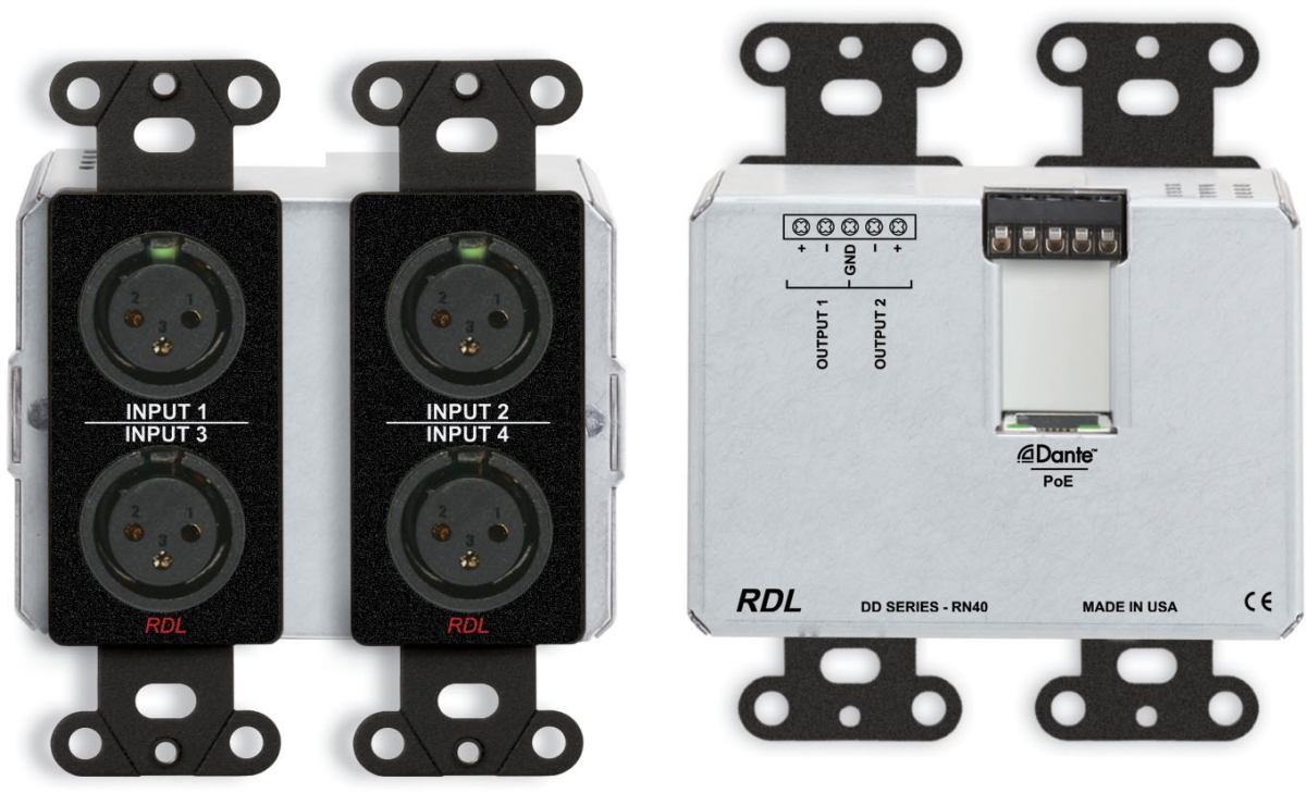 RDL-DDB-RN40 Bi-Directional Mic & Line Dante 4 x 2 Interface with PoE Switch 4 XLR In & 2 Out on Rear-Panel Terminal Block, Black