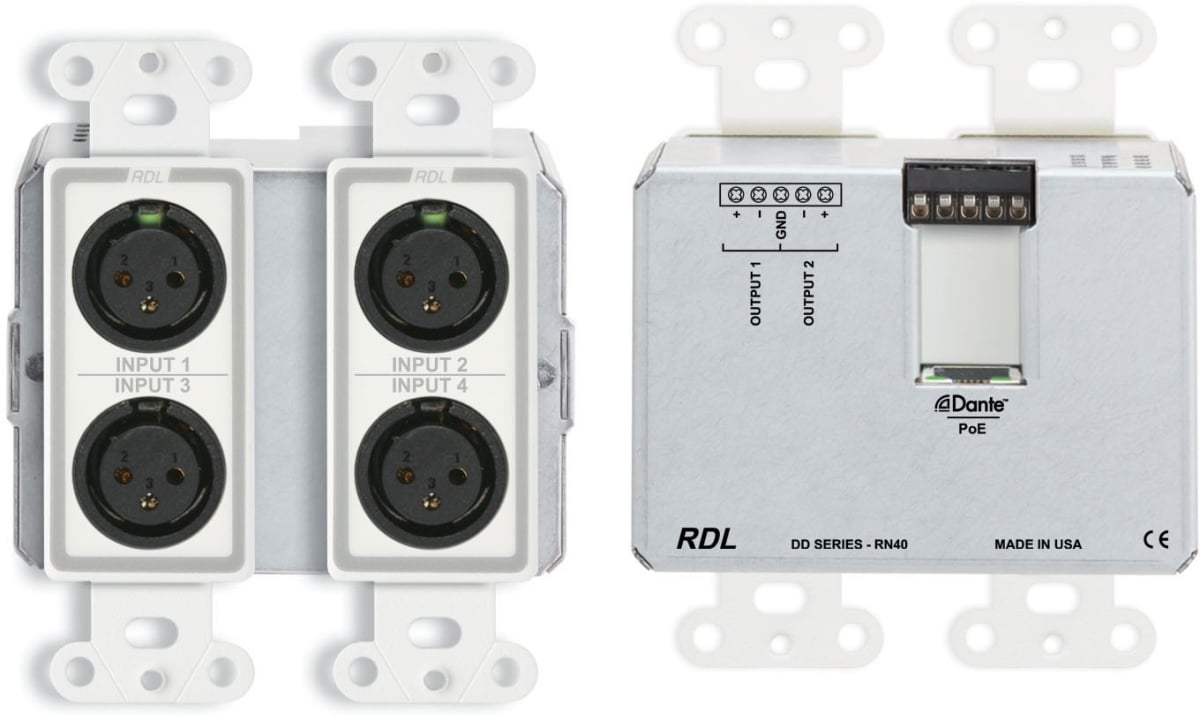 RDL-DD-RN40 Bi-Directional Mic & Line Dante 4 x 2 Interface with PoE Switch 4 XLR In & 2 Out on Rear-Panel Terminal Block, White
