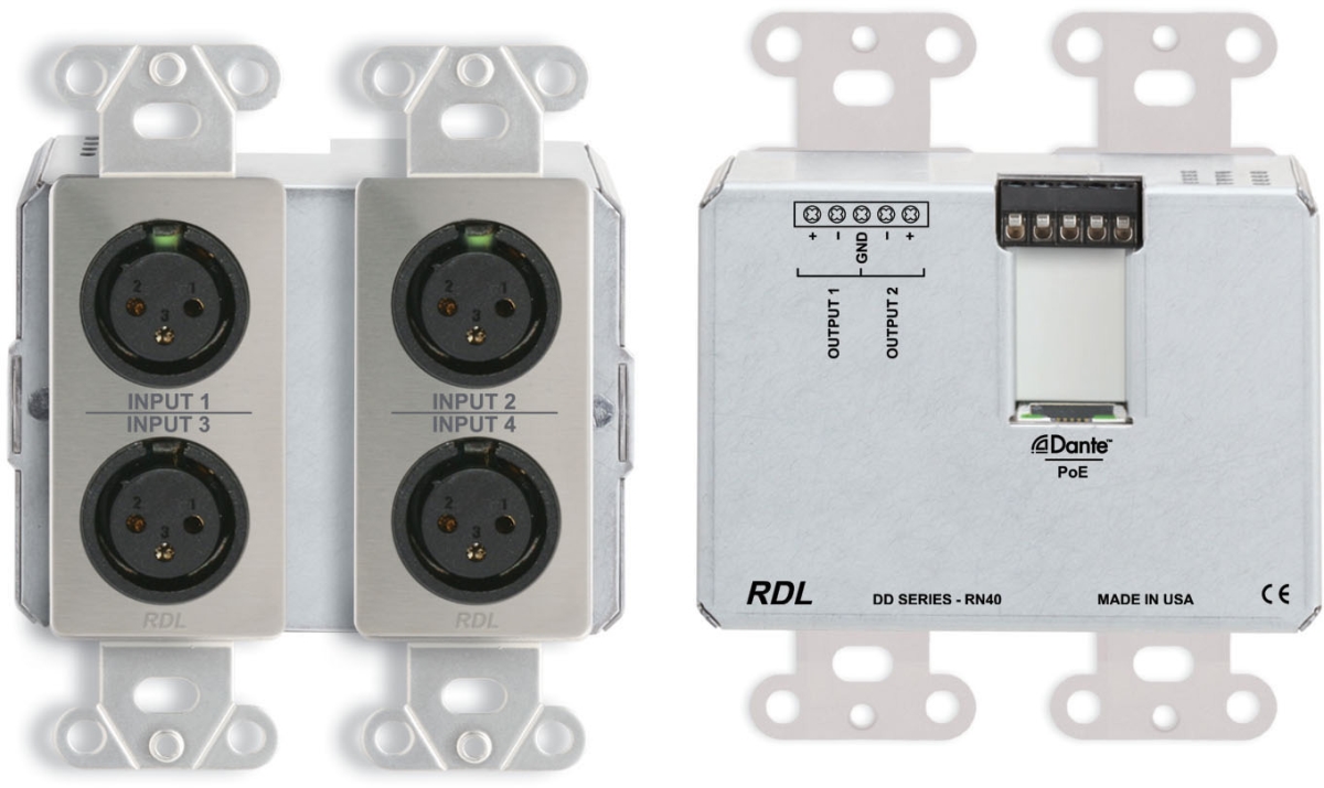 RDL DDS-RN40 Bi-Directional Mic & Line Dante 4 x 2 Interface with PoE Switch 4 XLR In & 2 Out on Rear-Panel Terminal Block, Stainless Steel