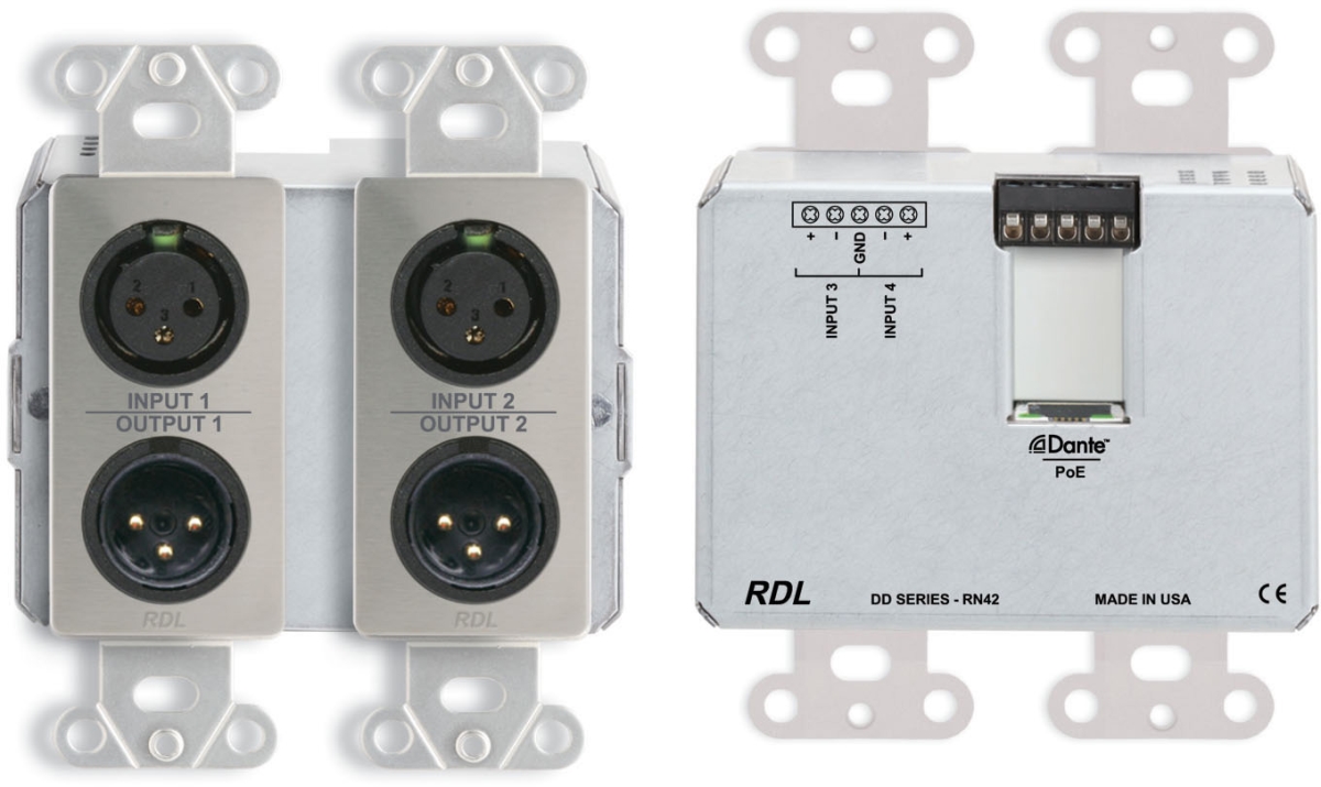 RDL DDS-RN42 Bi-Directional Mic & Line Dante 4 x 2 Interface with PoE Switch 2 XLR In & 2 Out on Rear-Panel Terminal Block, Stainless Steel