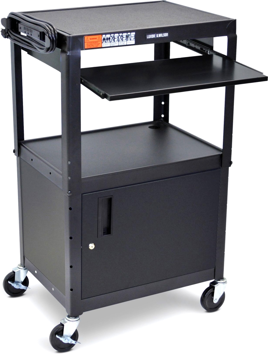 LUX-AVJ42KBC 24 in. Adjustable Height Steel A&V Cart with Cabinet & Pullout Shelf - Black -  Luxor