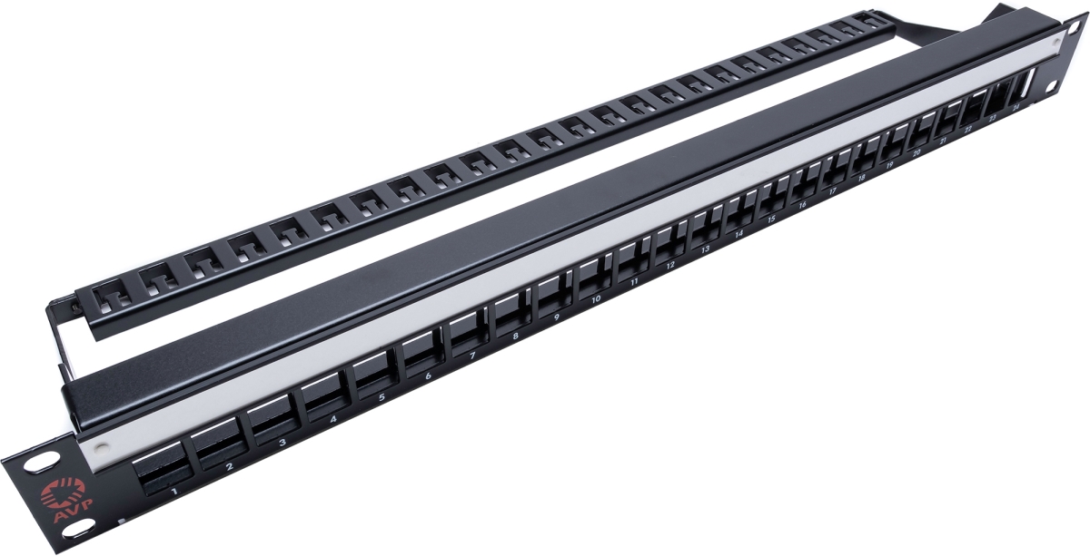 WK-YR124E1-Z-B38 1RU 1x24 Unloaded Keystone Patch Panel with Front Designation Strip & 4 in.Cable Bar, Black