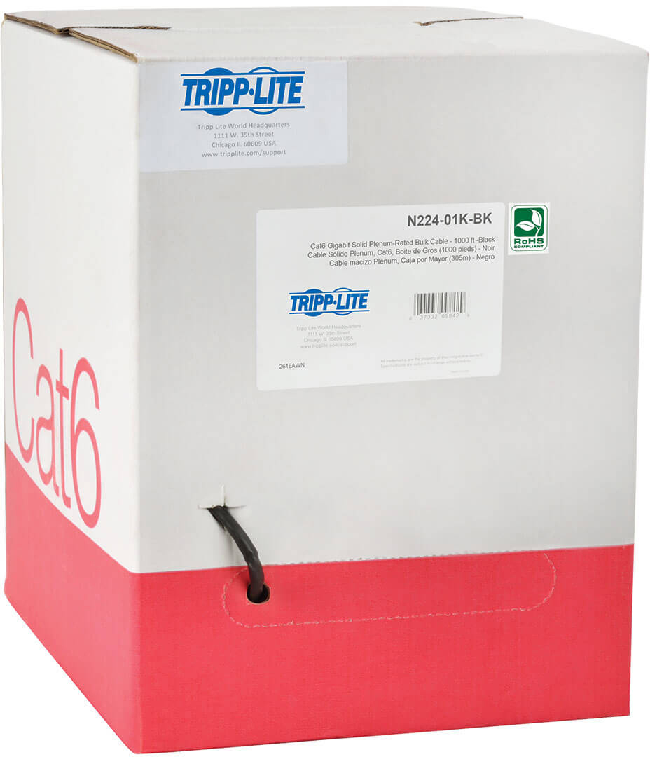 Tripp Lite TRL-N224-01K-BK 1000 ft. Cat6 Gigabit Bulk Solid Plenum-Rated PVC Cable, Black