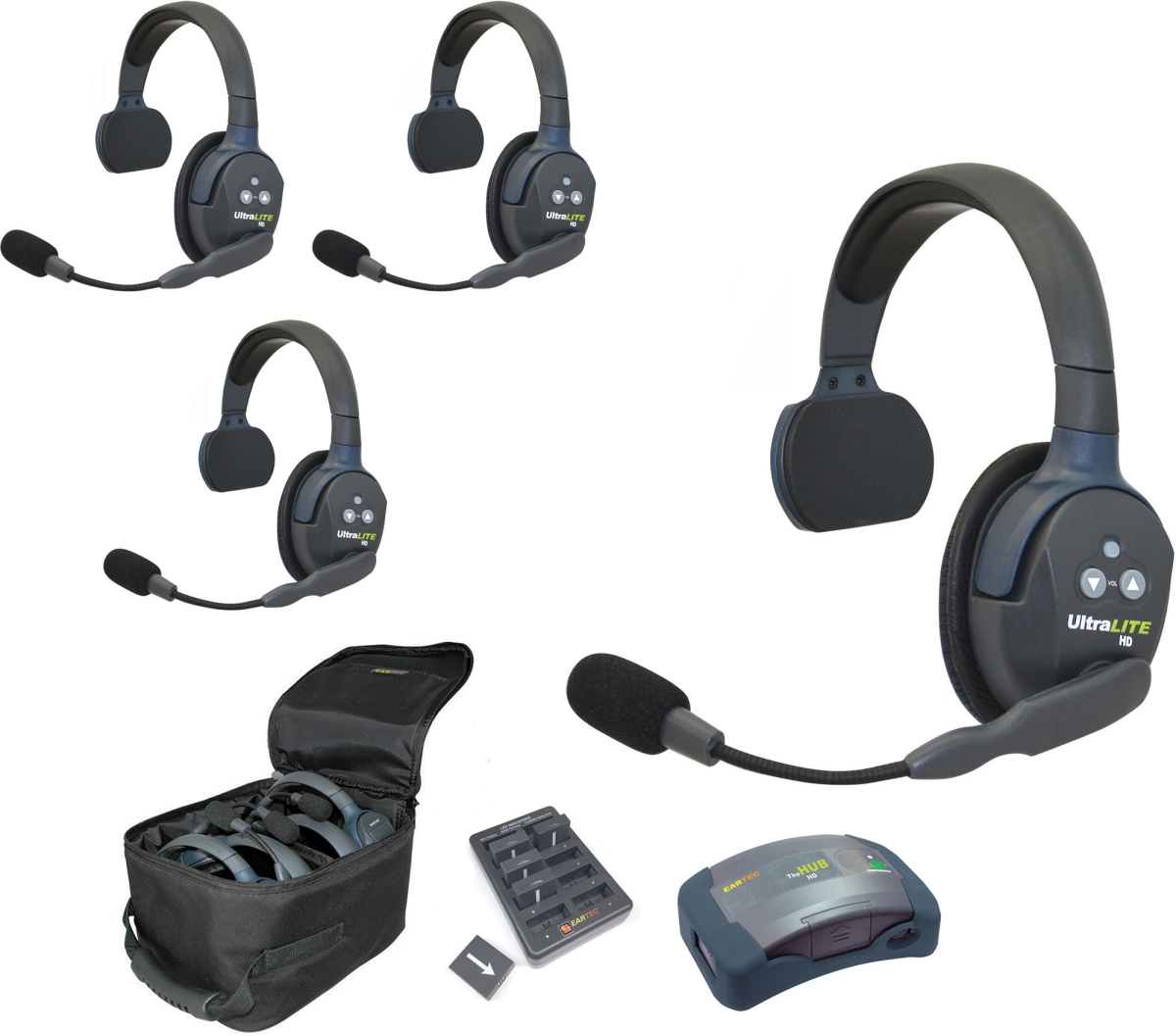 Picture of Eartec EAR-HUB523 Ultralite, Hub 5-Person Duplex Wireless Intercom System with 1 Hub, 2 Ultralite Single, 3 Double Headset