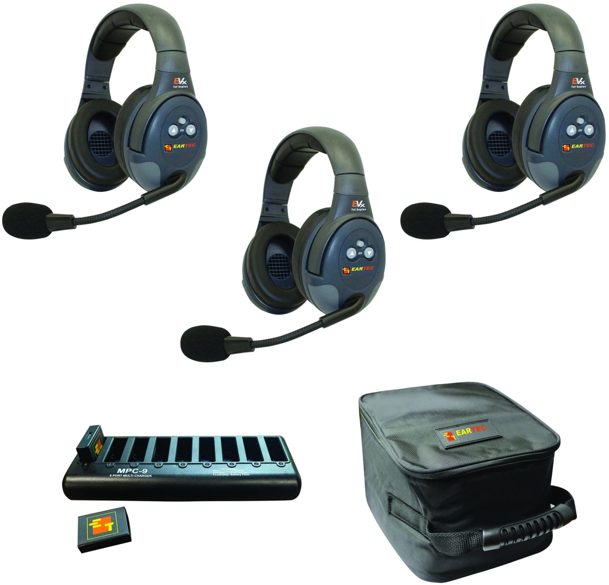 EAR-EVX3D Full Duplex Wireless Intercom System with 3 Dual Speaker Headsets