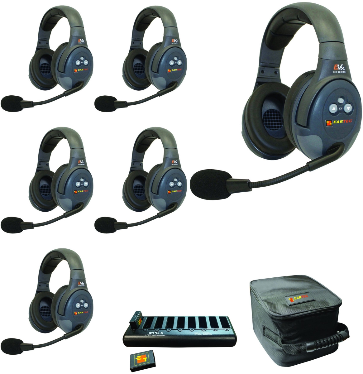 EAR-EVX6D Full Duplex Wireless Intercom System with 6 Dual Speaker Headsets