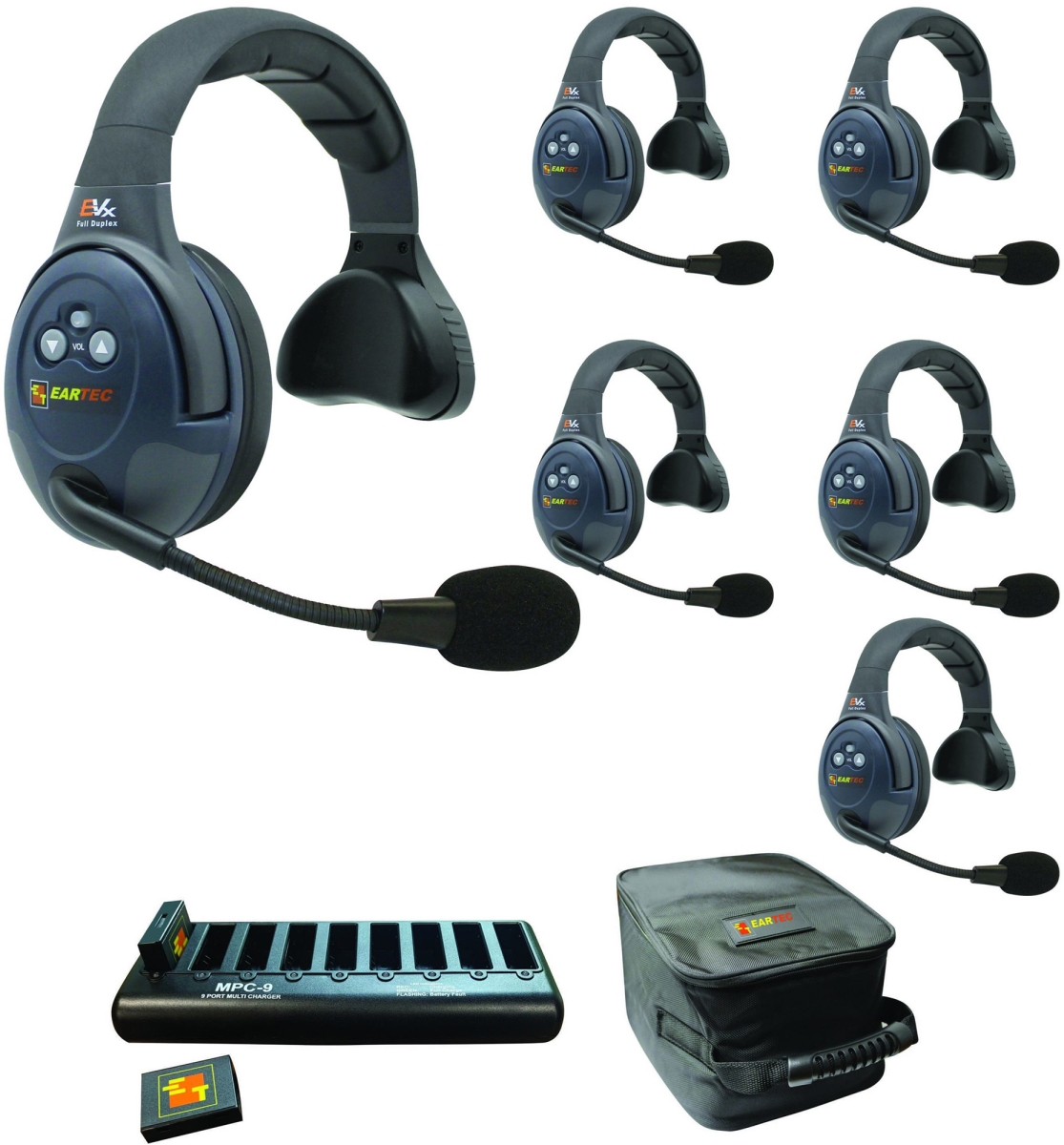 EAR-EVX6S Full Duplex Wireless Intercom System with 6 Single Speaker Headsets
