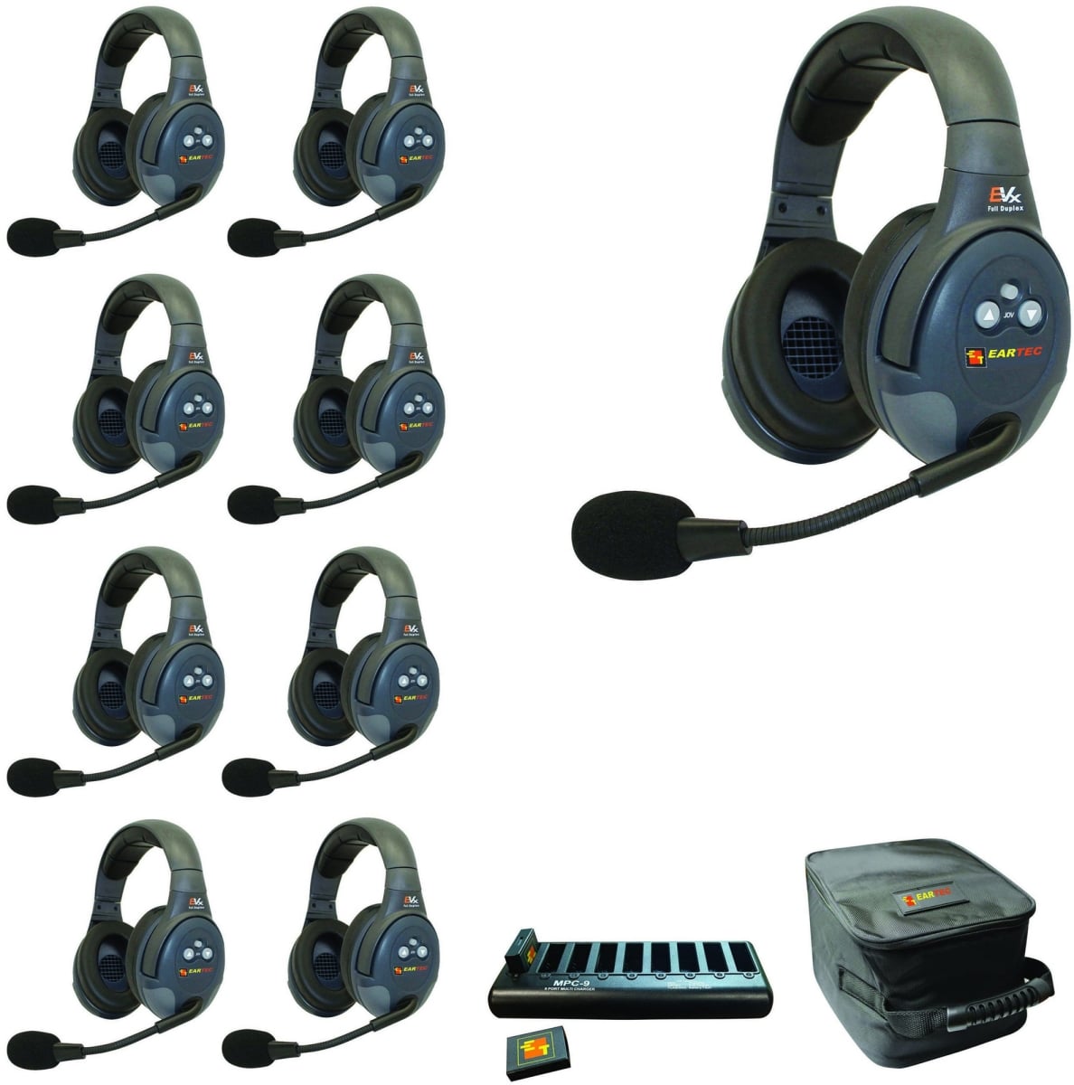 EAR-EVX9D Full Duplex Wireless Intercom System with 9 Dual Speaker Headsets