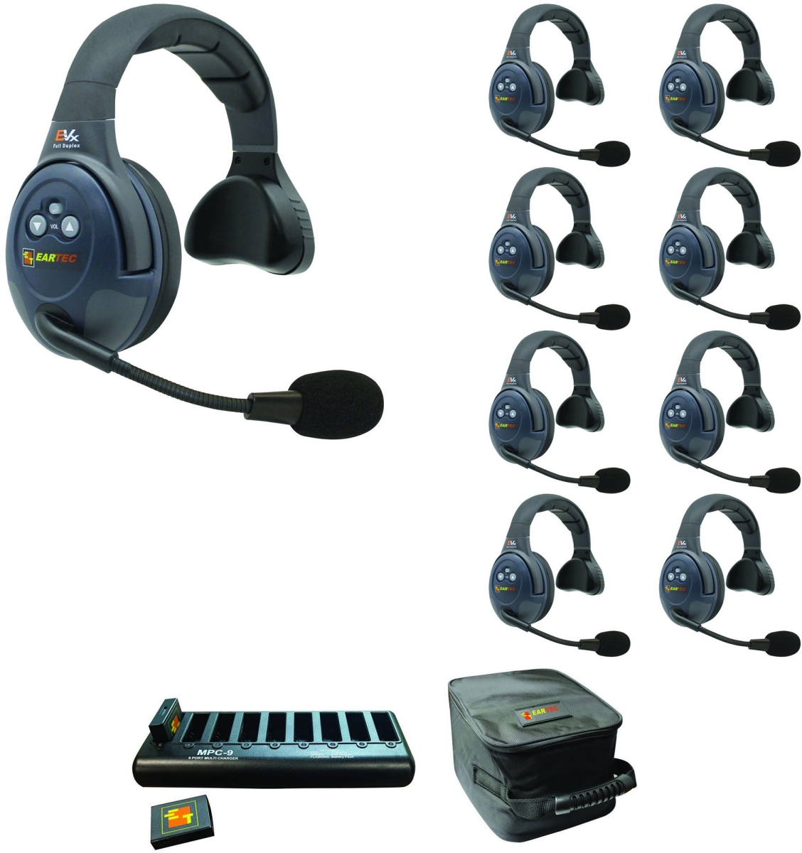EAR-EVX9S Full Duplex Wireless Intercom System with 9 Single Speaker Headsets