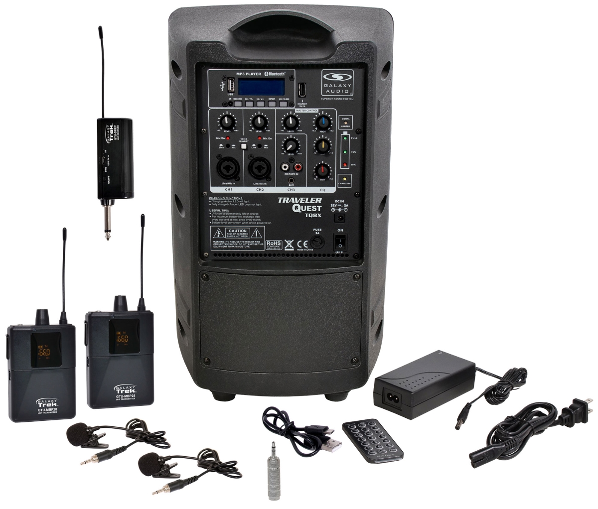 TQ8X-GTU-VVP5AB QUEST 8 Battery Powered Portable Wireless PA System with 2 Wireless Lav Mics - 470-530 MHz