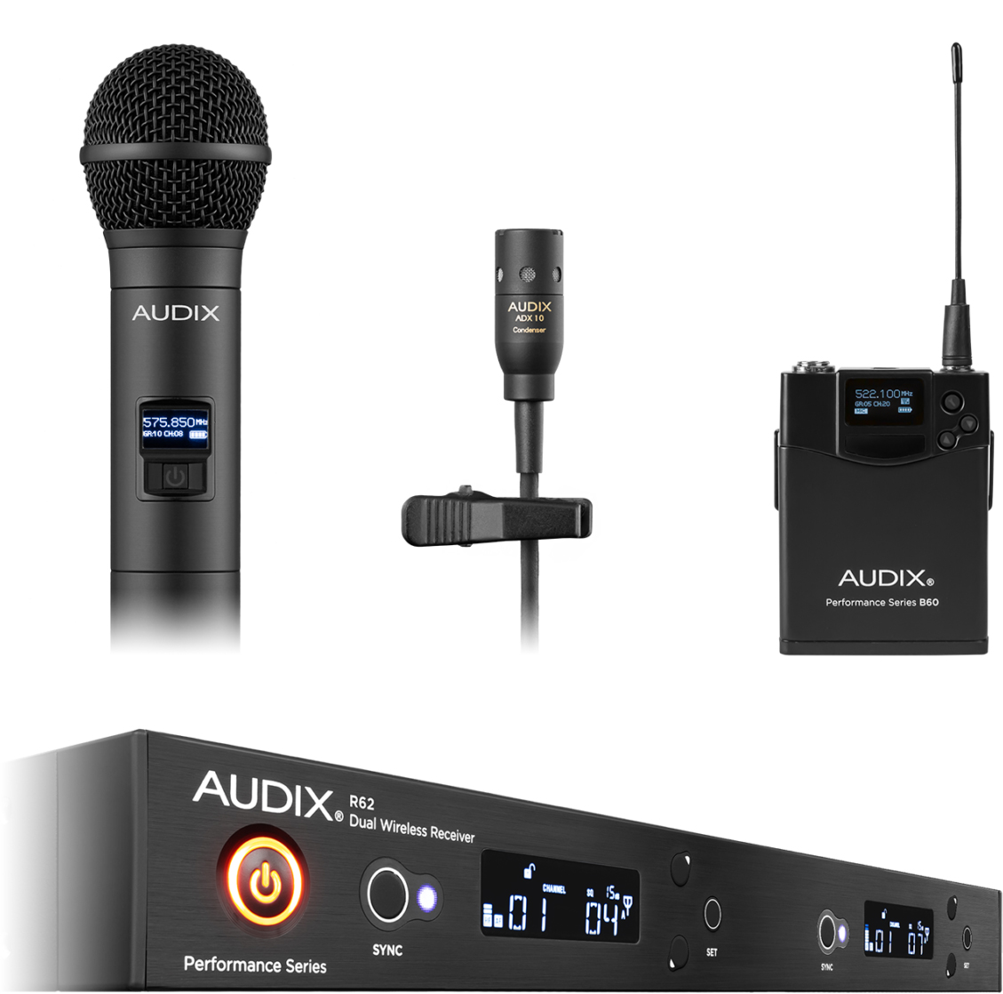 Picture of Audix AUD-AP62C210 Performance Series Wireless Mic Kit with R62 RX OM2 Handheld B60 Bodypack ADX10 Lav Freq A 522-586MHz