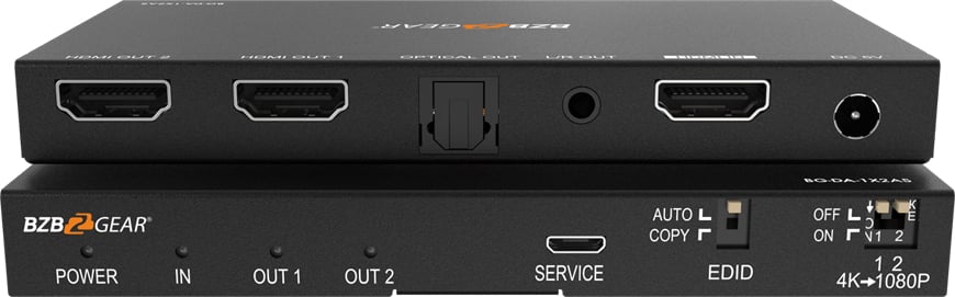BZ-BG-DA-1X2AS 2-Port 4K 60Hz HDMI Splitter with Down-Scaler, Digital & Analog Audio Output