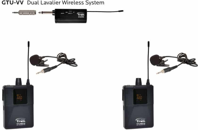 GXY-GTU-VVP5AB UHF Mini Wireless Lavalier System - 2 Lavalier Mic with Transmitters & Dual Receiver -  GALAXY AUDIO