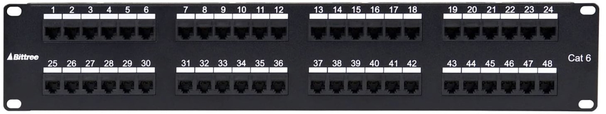 Picture of Bittree BIT-DSGIGE224 2 x 24 in. CAT6 2RU RJ45-110 Black Patch Panel with Silk Screened Numbering