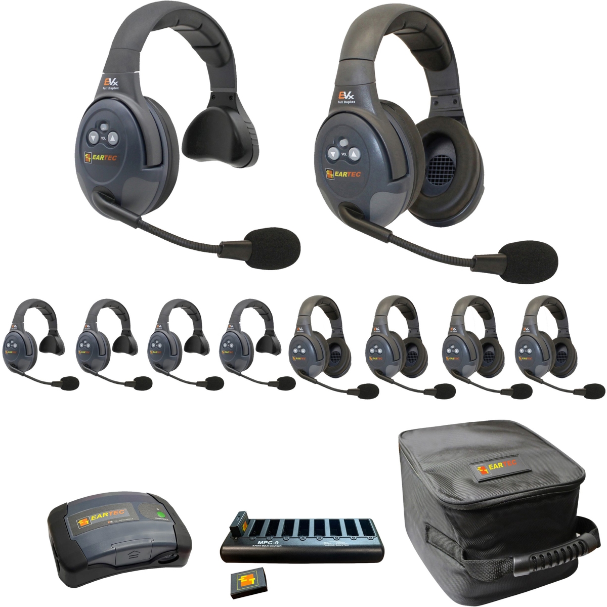 EAR-EVX1055-CM Full Duplex Dual Channel Wireless Intercom System with 5 Single 5 Dual-Ear Headsets