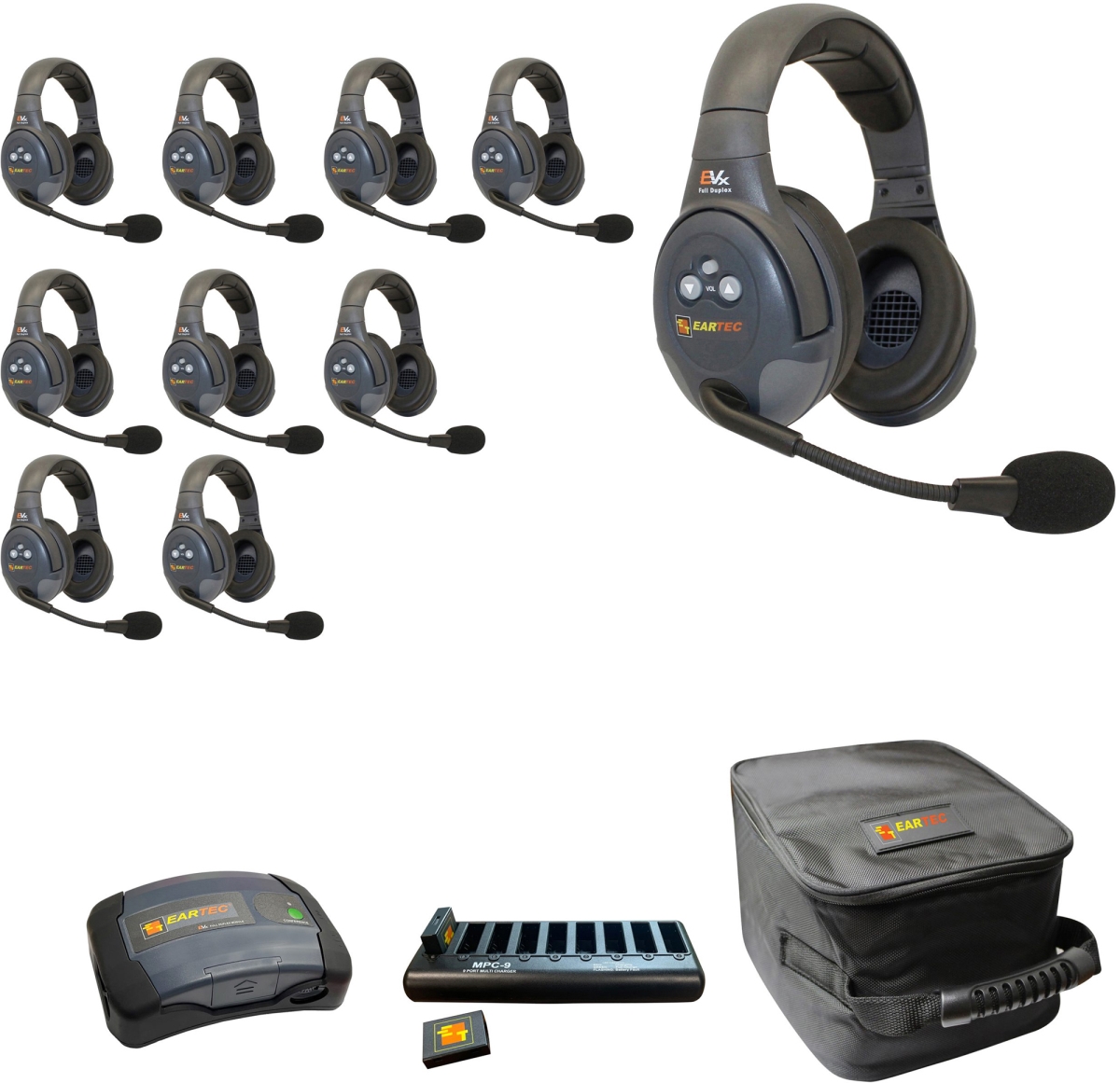 EAR-EVX10D-CM Full Duplex Dual Channel Light Industrial Wireless Intercom System with 10 Dual-Ear Headsets