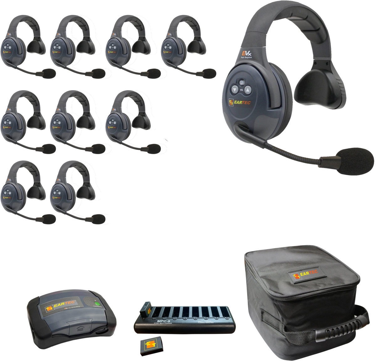 EAR-EVX10S-CM Full Duplex Dual Channel Light Industrial Wireless Intercom System with 10 Single Speaker Headsets