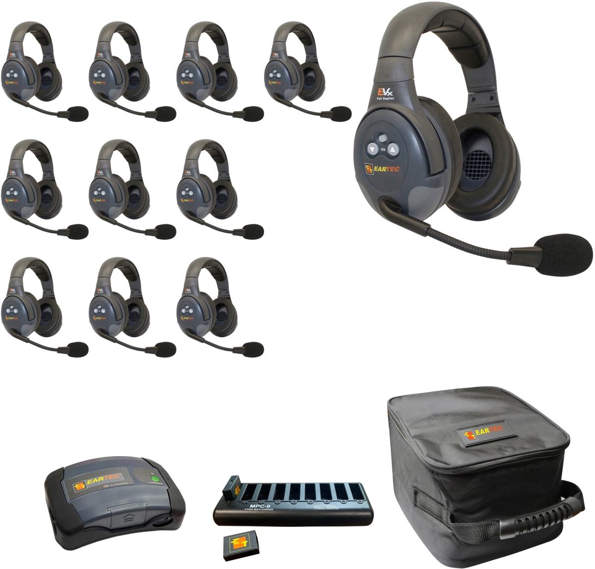 EAR-EVX11D-CM Full Duplex Dual Channel Light Industrial Wireless Intercom System with 11 Dual Speaker Headsets