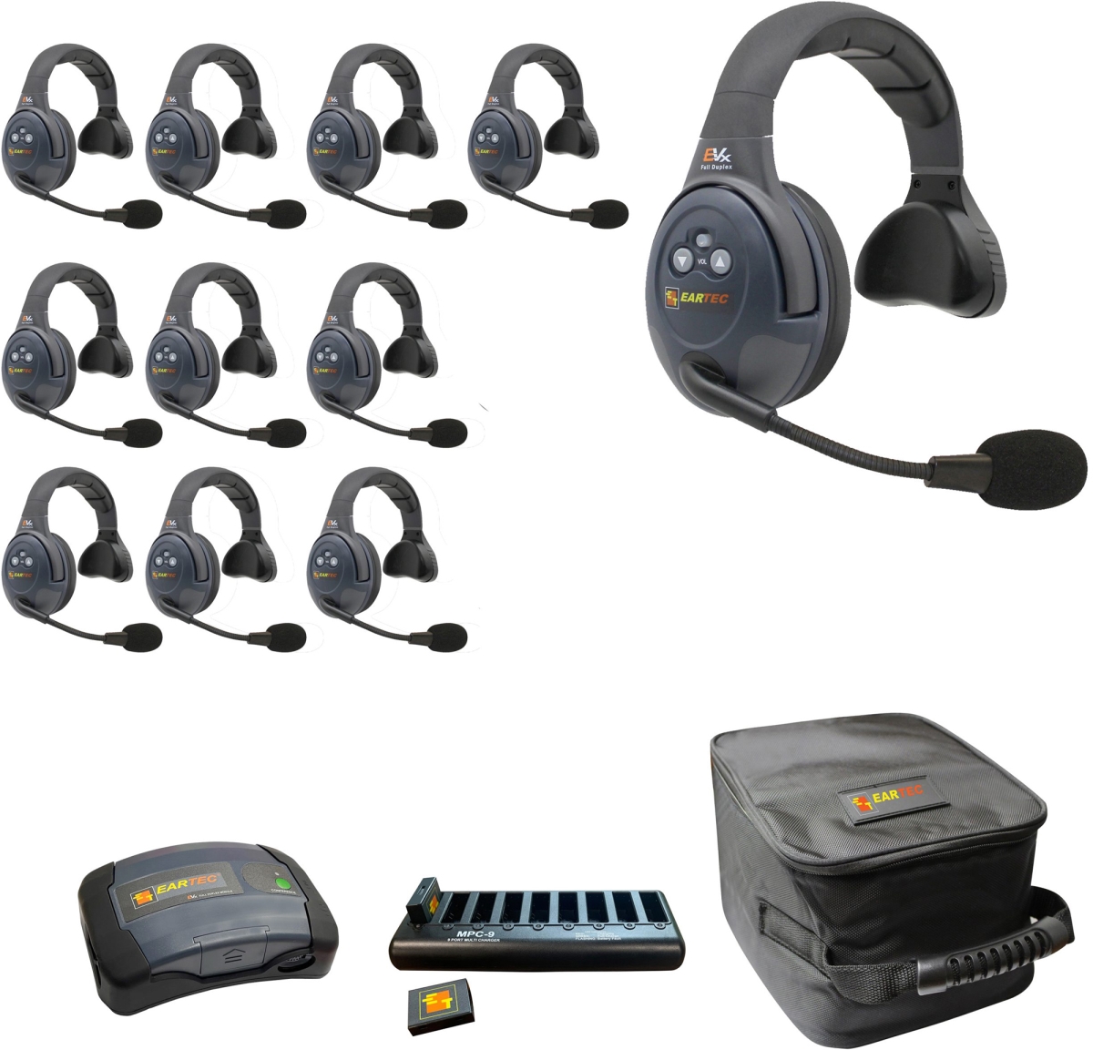EAR-EVX11S-CM Full Duplex Dual Channel Light Industrial Wireless Intercom System with 11 Single Speaker Headsets