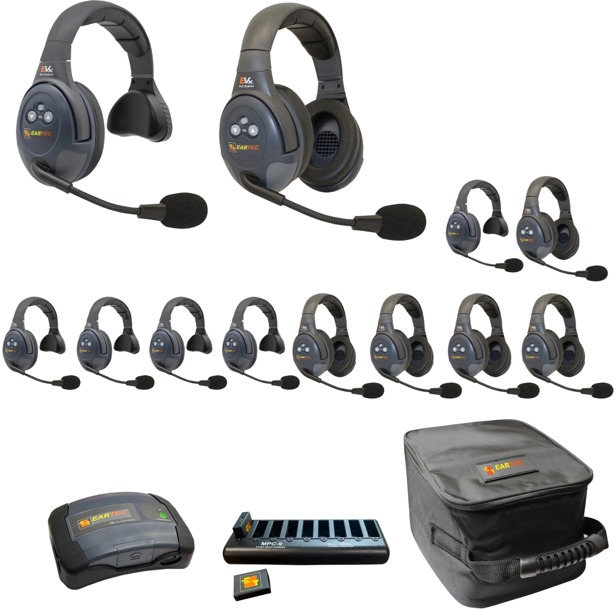 EAR-EVX1266-CM Full Duplex Dual Channel Wireless Intercom System with 6 Single 6 Dual-Ear Headsets