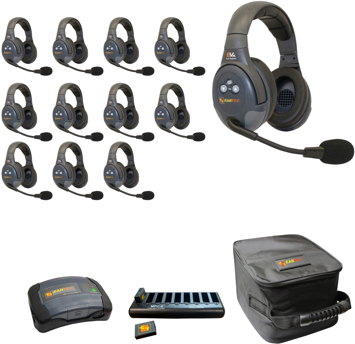 EAR-EVX12D-CM Full Duplex Dual Channel Light Industrial Wireless Intercom System with 12 Dual Speaker Headsets