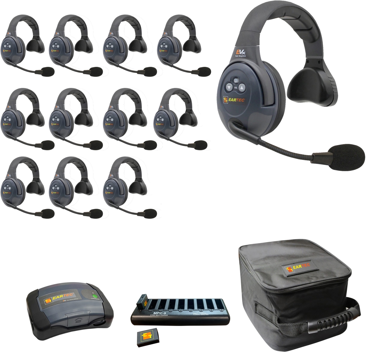 EAR-EVX12S-CM Full Duplex Dual Channel Light Industrial Wireless Intercom System with 12 Single Speaker Headsets
